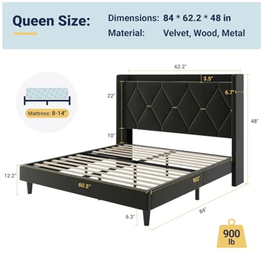 Luxury Velvet Bed Frame with Built-In USB Charging, Diamond Tufted Wingback Design