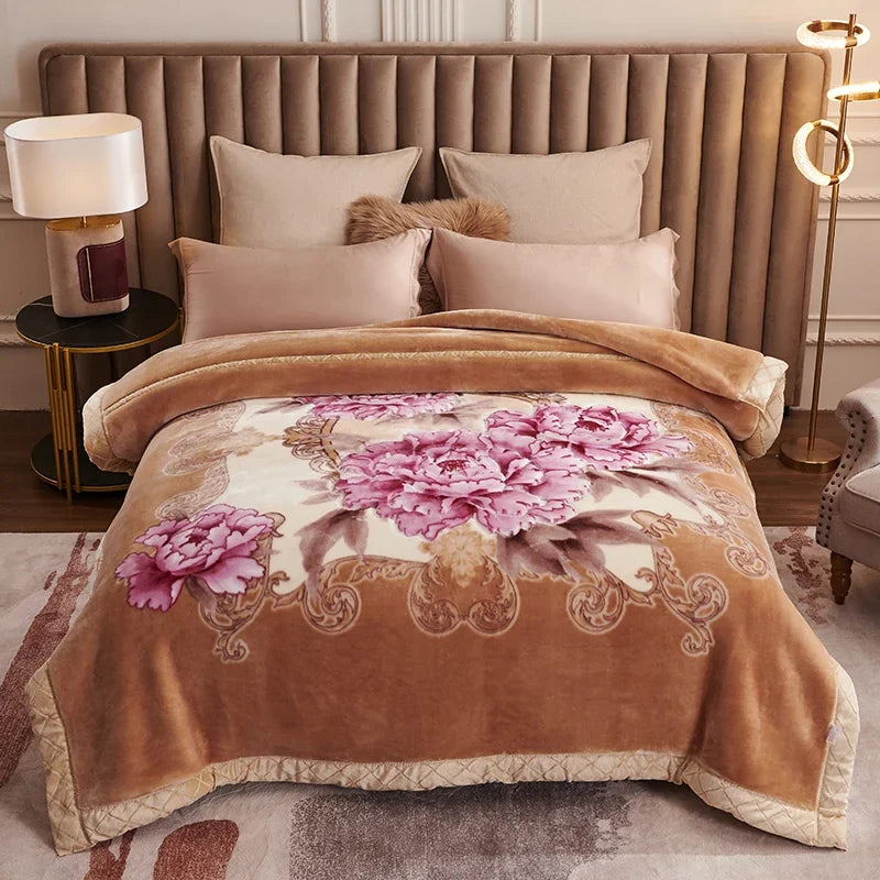 Korean Raschel 2-Ply Heavy Fleece Blanket, 78x90 Queen Size Reversible Geometric Plush Blanket