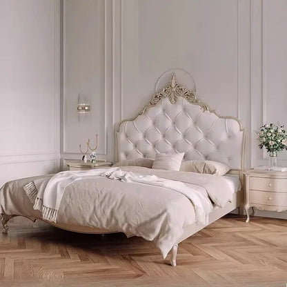 Luxury Wood Bed Set with Vintage European Design & Elegant Gold Nightstands