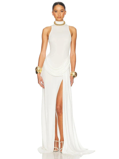 Blifanbo Turtleneck Off-shoulder Sleeveless Thigh Split High Waist Pleated Maxi Dress For Women Elegant Fashion Club Party Dress