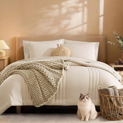 Apricot Beige Comforter Set – 7 Piece Bedding in a Bag, Soft All-Season King Comforter
