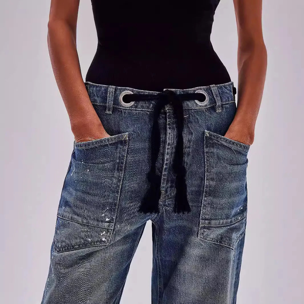 Jeans Women Denim Pants Straight Trousers Drawstring Long Pant Casual Loose Y2k Streetwear Button Pocket Splice Mom Jeans 2025