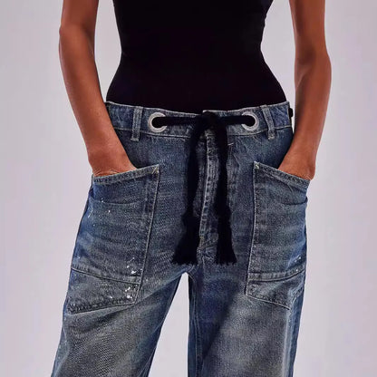 Jeans Women Denim Pants Straight Trousers Drawstring Long Pant Casual Loose Y2k Streetwear Button Pocket Splice Mom Jeans 2025