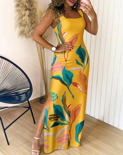 Sexy Slim Printed Dress Fashion Square Collar Suspender Side Split Long Dresses Spring Summer New Vacation Style Women Clothing