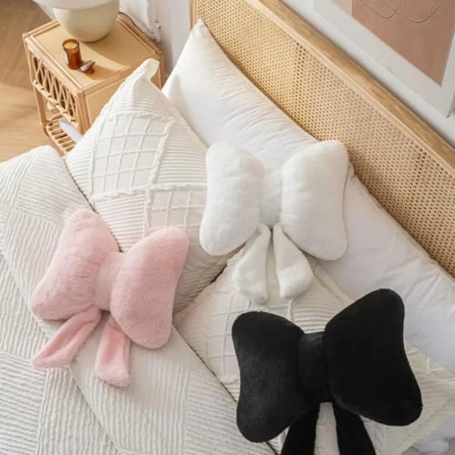Pink Bow Throw Pillow – Faux Rabbit Fur Bow Cushion for Coquette Aesthetic Bedroom & Sofa Decor