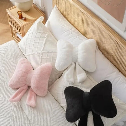 Pink Bow Throw Pillow – Faux Rabbit Fur Bow Cushion for Coquette Aesthetic Bedroom & Sofa Decor