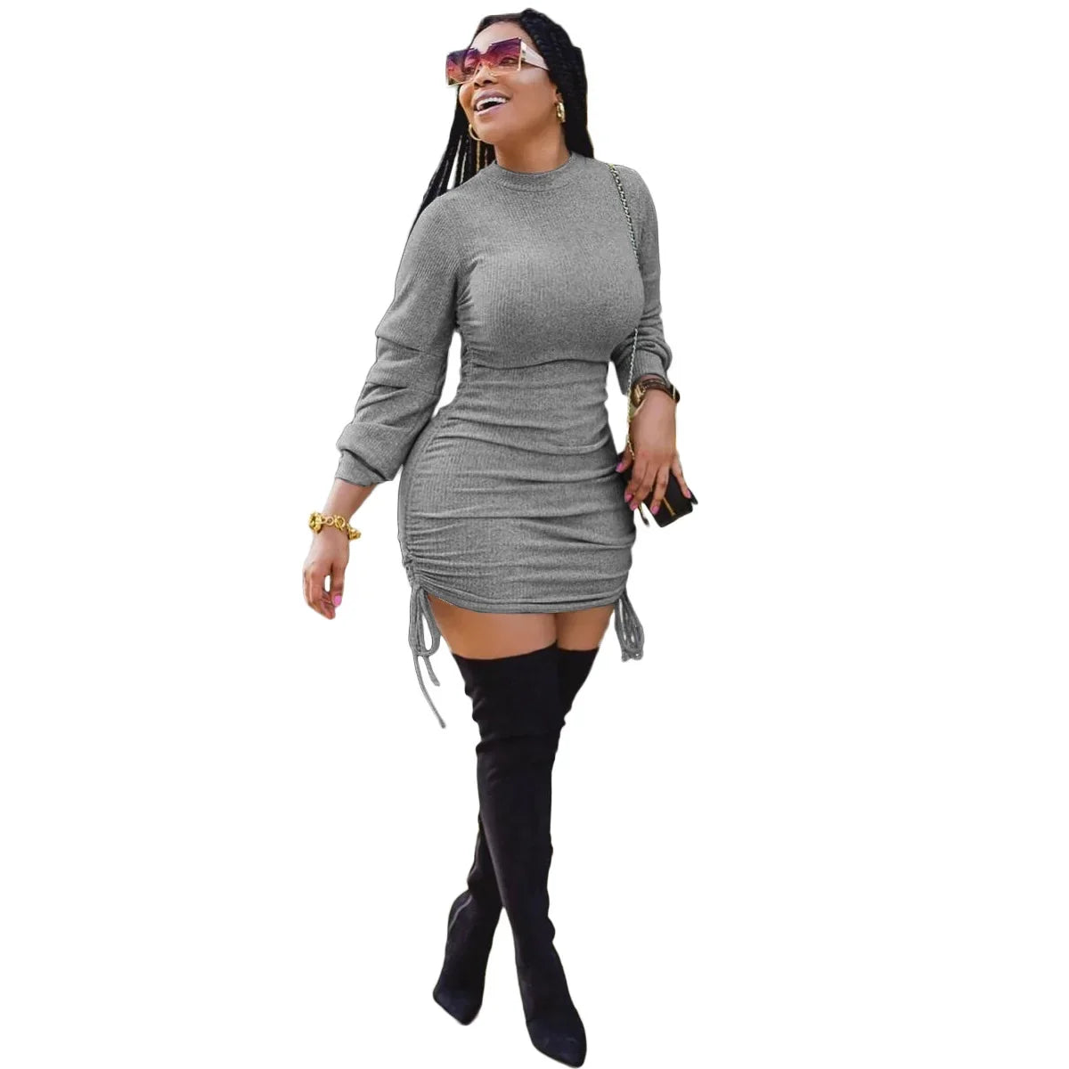 Women Sexy Dress Full Sleeve Slim Fit Wrap Hip Dresses Round Neck Spliced Shirring Lace Up Mini Vestidos Sheath Elegant