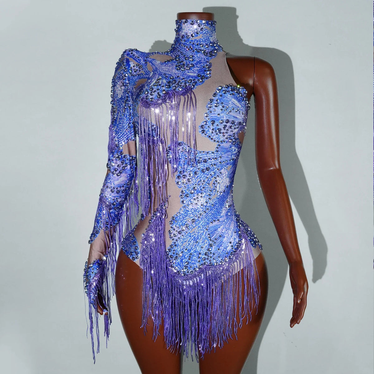NEW womens bodysuit Sexy Leopard sequin tassels High Collar Bodycon team performance pole dance drag queen outfit singer stage