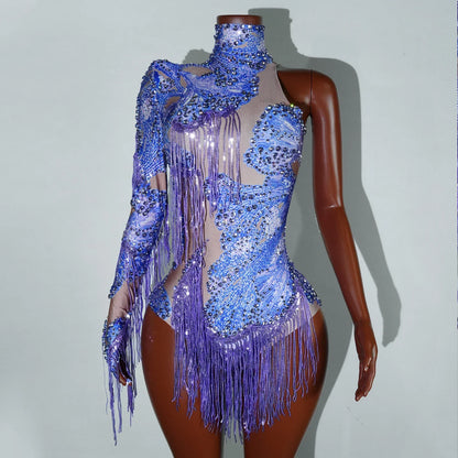 NEW womens bodysuit Sexy Leopard sequin tassels High Collar Bodycon team performance pole dance drag queen outfit singer stage