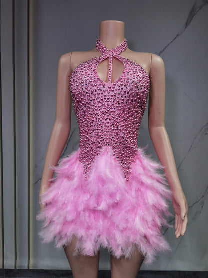 Fashion 2025new sexy Latin dance dress with airy hollow design, feather skirt hanging neck skirt