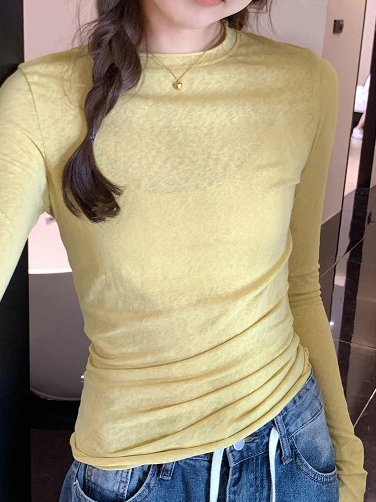 2025 Spring Autumn T shirt Women Tops Solid Slim Fit Long Sleeve O Neck Tshirts Female Casual Streetwear High Quality Base Tees