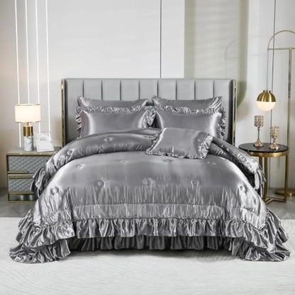 Grey Satin Queen Comforter Set – 8-Piece Ruffled Bedding