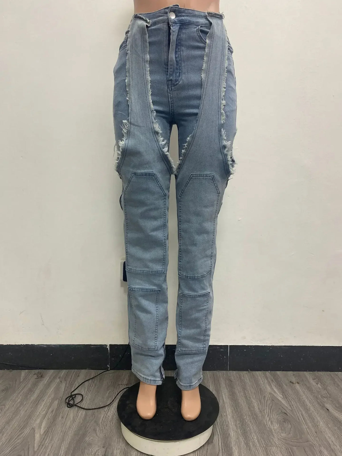Jeans Women Straight Pants Hollow Out Zipper High Strecth Pockets Irregular Denims Vintage Distressed Streetwear 2025 Trousers