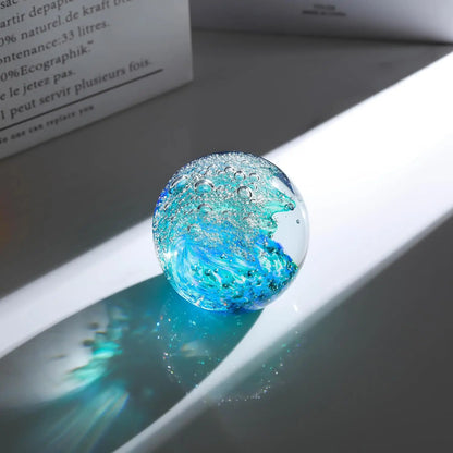 Hand-Blown Glass Paperweight - Unique Ocean Wave Design in Green & Sky Blue, 8cm Decor