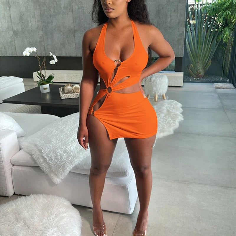Summer Dresses Woman 2022 High Street Stretch Slim Hollow Sexy Mini Bodycon Dress Elegant Orange Sleeveless Club Party Sundress