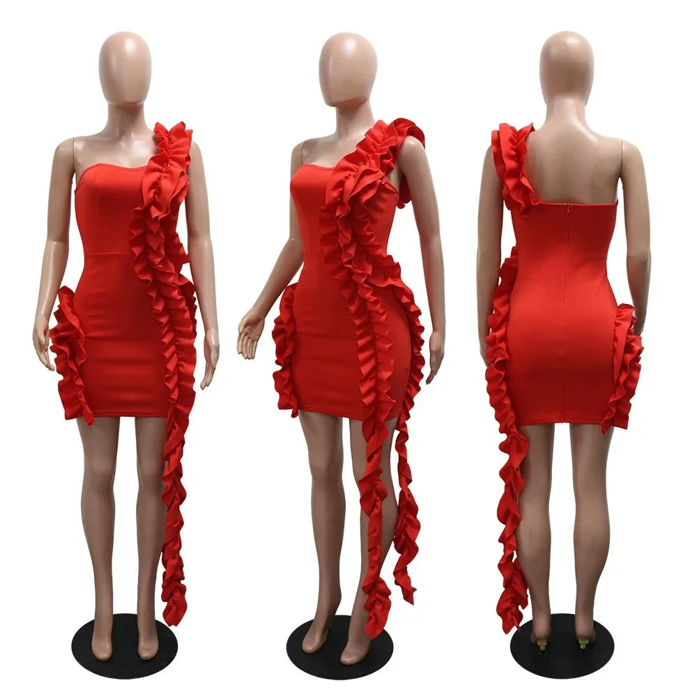 Sexy Dresses for Woman 2025 New Summer Red One Shoulder Ruffles Sheath Mini Length Elegant Ladies Evening Night Birthday Dress