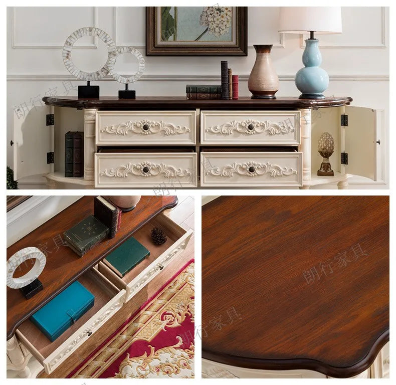 Traditional Birch Wood Media Console with 4 Drawers & Cabinets - Stylish Storage Solution