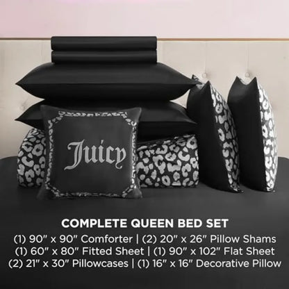 Luxury Black Leopard Satin Comforter Set – 6 or 8-Piece Bedding Ensemble for Glamorous Bedrooms