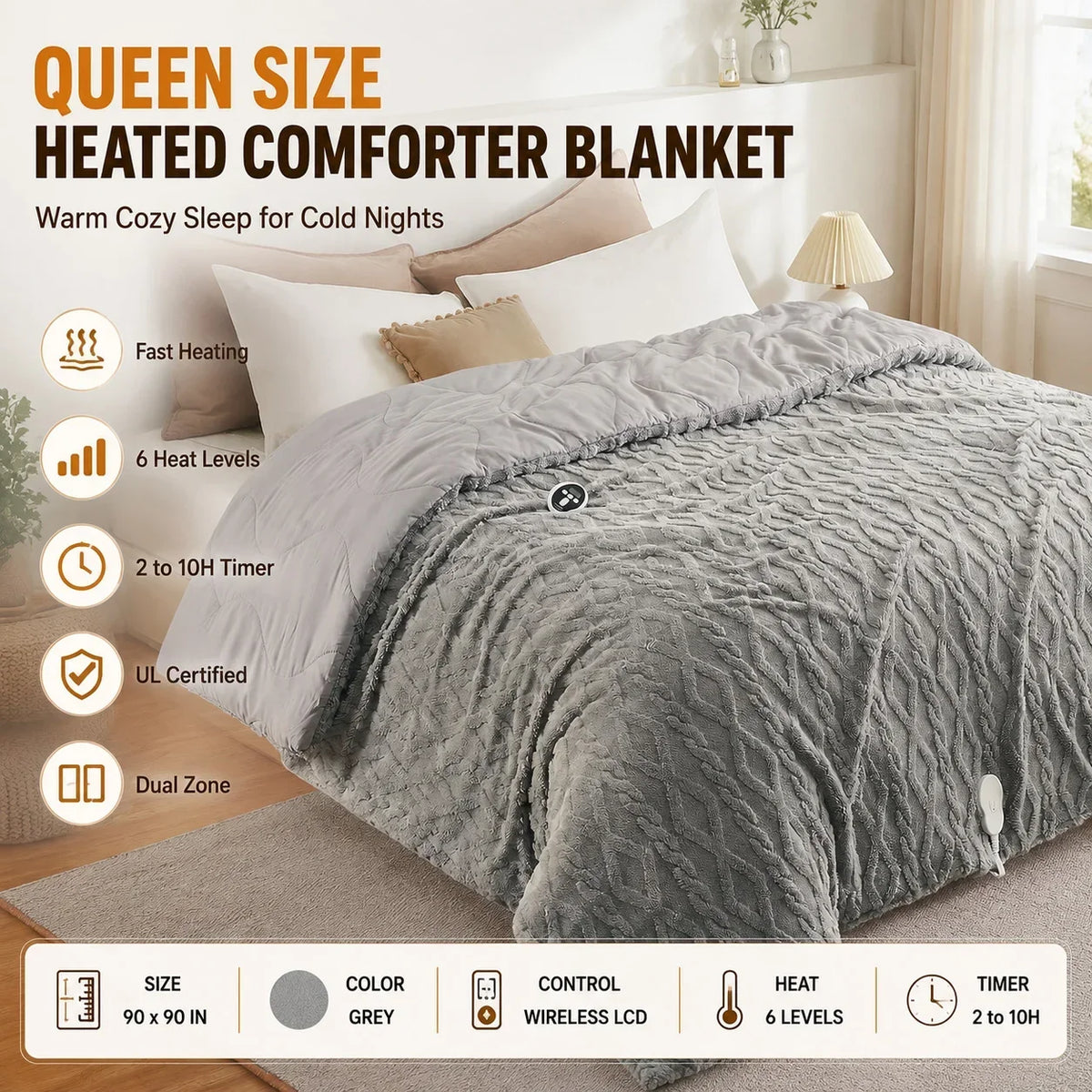 Queen 90x90 Heated Comforter with Dual-Zone Wireless Control, 6 Heat Levels & LCD Timer