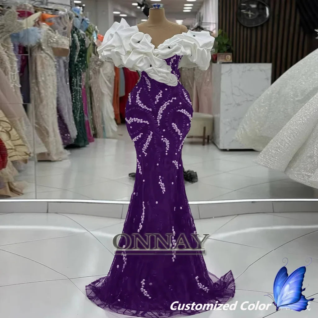 Customized Luxury Dubai Prom Dresses Off Shoulder for Women Pearls Saudi Arabia Gala Bespoke Party Gown Vestidos De Fiesta Plus