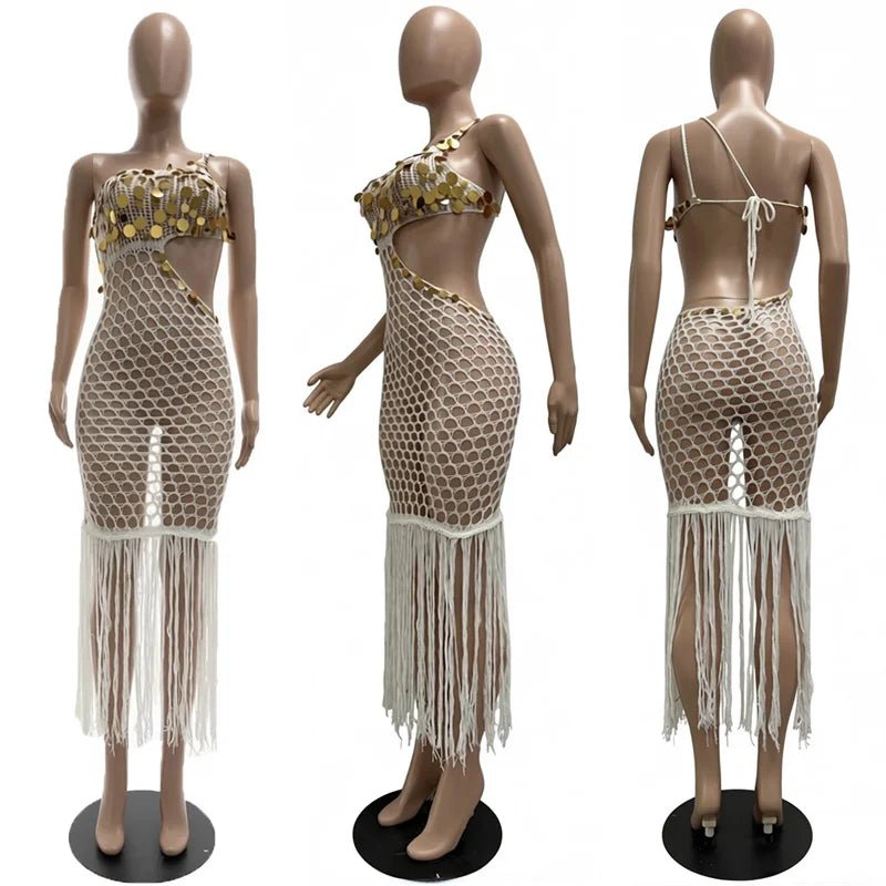 Sexy Fringe Tassel Knit Crochet Cover-up Beach Dress Women See Through Hollow Out Sequined Party Club Bodycon Maxi Dress Holiday