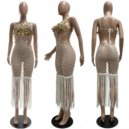 Sexy Fringe Tassel Knit Crochet Cover-up Beach Dress Women See Through Hollow Out Sequined Party Club Bodycon Maxi Dress Holiday