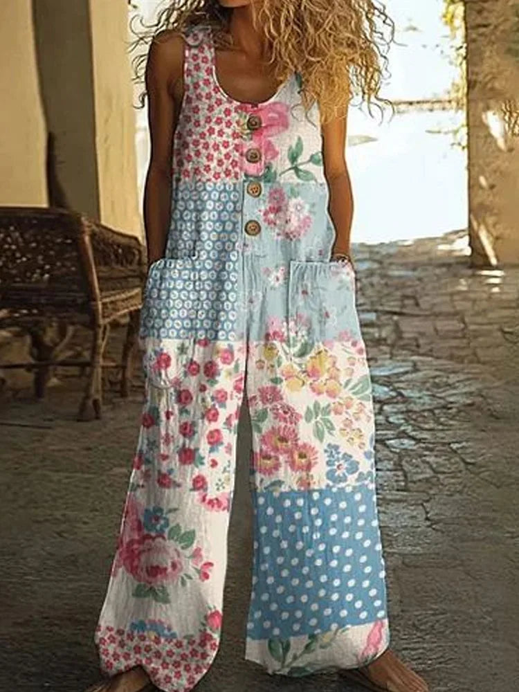 Fashion Printed Jumpsuit Casual U-neck Button Pocket Sleeveless Wide Leg Jumpsuit Spring Summer New Commuter Women Clothing