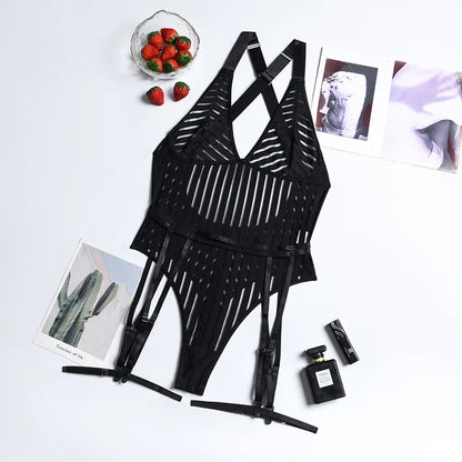 Striped Lace Patchwork Sexy Bodysuit for Women Bodycon Spaghetti Straps Backless Lingerie Body with Garters Nightclub Outfits