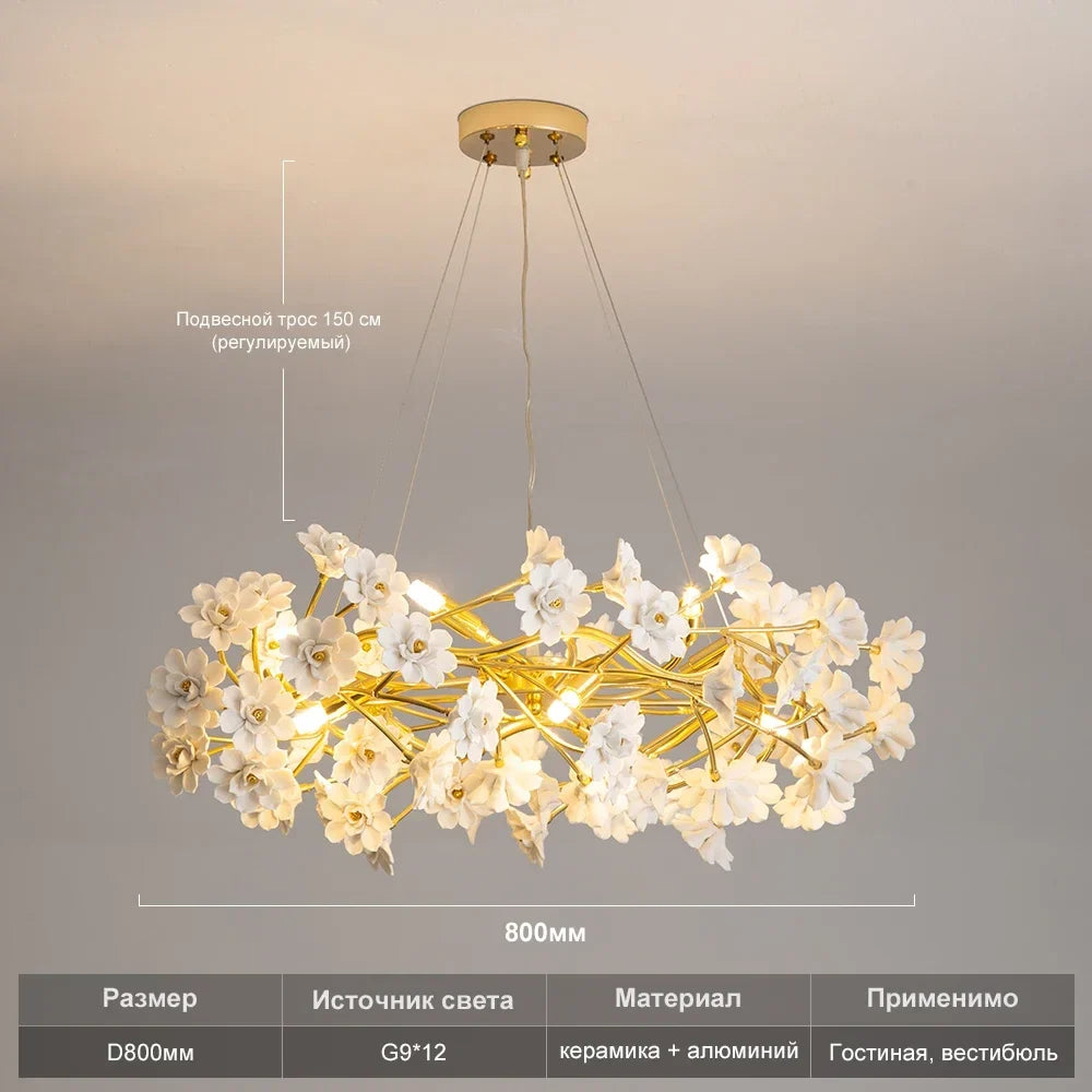 Gold Crystal Chandelier - Elegant Luxury Light Fixture with White Flower Design, 60cm & 80cm Sizes