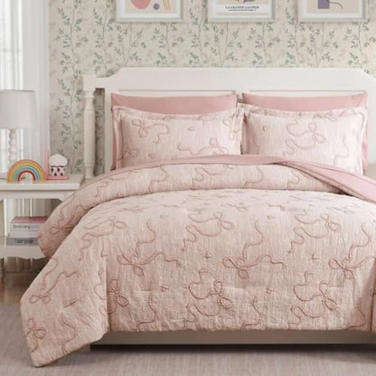 Blush Pink Comforter Set - 7 Piece Shabby Chic Bedding with 3D Bowknot Design & Soft Fabric
