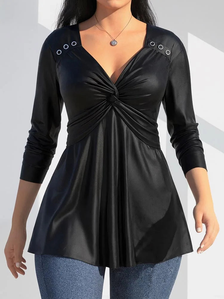 Plus Size Women Twist Blouse Fake PU leather Elegant V-Neck Long Sleeve Slim Flowy Blouse Autumn Solid Color Casual Blouse Shirt