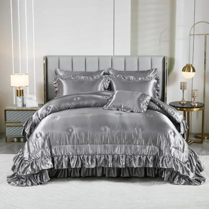 Grey Satin Queen Comforter Set – 8-Piece Ruffled Bedding
