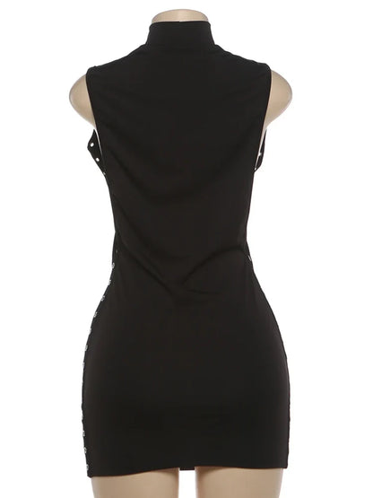 Nibber Peach Hip Mini Dress Woman o-Neck Sleeveless Side Hollow Design Metal Rings Decoration Skinny Midnight Club Party Bodycon