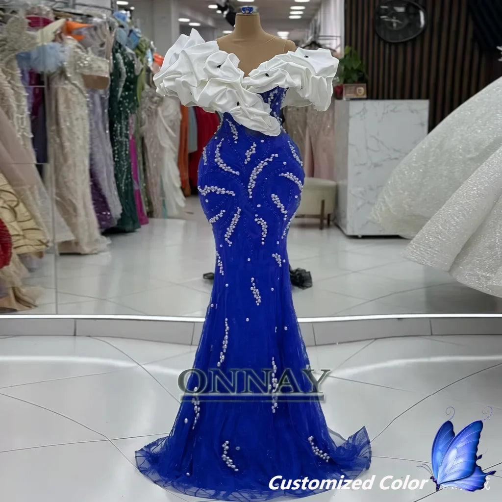 Customized Luxury Dubai Prom Dresses Off Shoulder for Women Pearls Saudi Arabia Gala Bespoke Party Gown Vestidos De Fiesta Plus