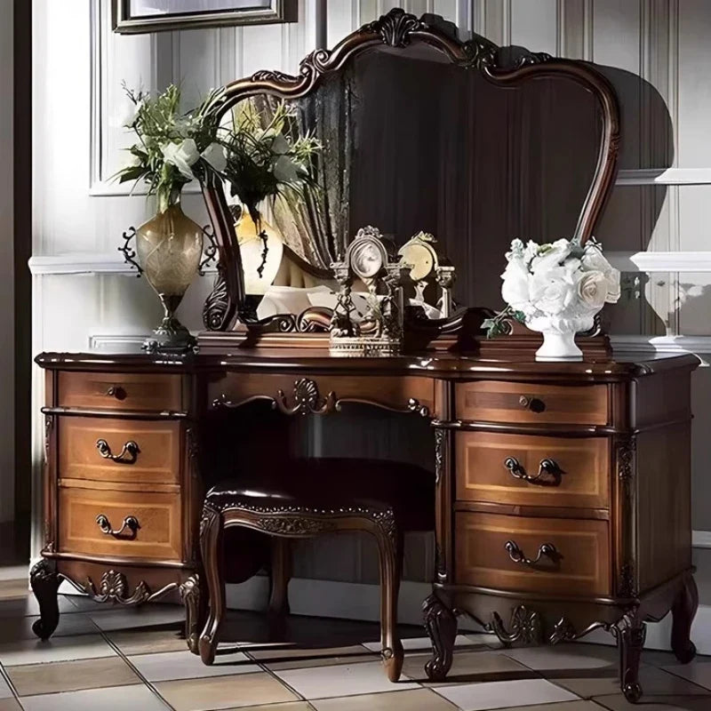 Dark Cherry Vanity Set - Luxurious Modern Hollywood Style with Mirror & Cushioned Stool