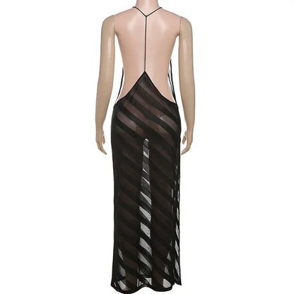Mesh See Through Sexy Halter Party Club Maxi Split Dress Outfits Women Summer Sleeveless Backless Bodycon Long Dresses Vestido