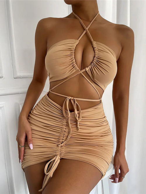 3 Colors Cut Out Halter Pleated Summer Dress Evening Party Bodycon Dress Mini Dress For Women Tight Dress Clubwear Vestidos D282