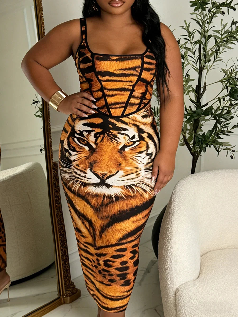 Plus Size Women's Dress Square Neck Spaghetti Strap Tiger Print Corset Bodycon Midi Dress Wild Sexy Spring Summer Party Stretchy