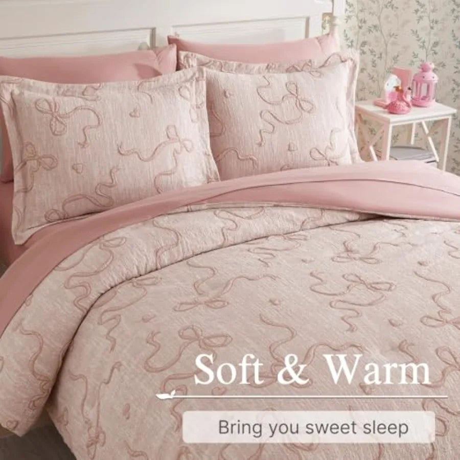 Blush Pink Comforter Set - 7 Piece Shabby Chic Bedding with 3D Bowknot Design & Soft Fabric