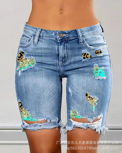 Fake Two-Piece Patchwork Cutout Ripped Jeans Women Ankle Length Fashion Casual High Waist Pencil Pants Denim