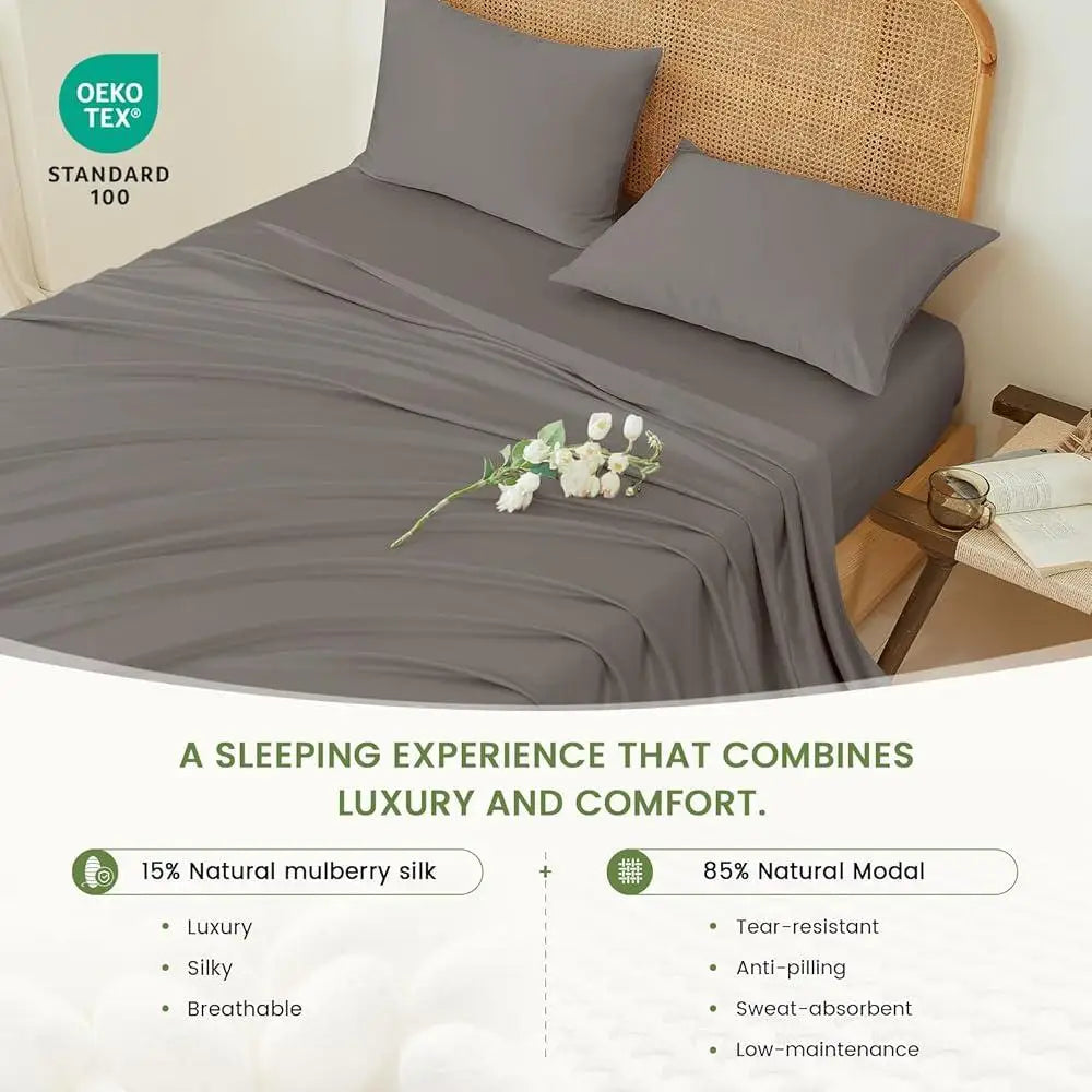 Queen Size Silk Sheet Set - Charcoal Mulberry Silk & 85% Natural Modal, Oeko-Tex Certified