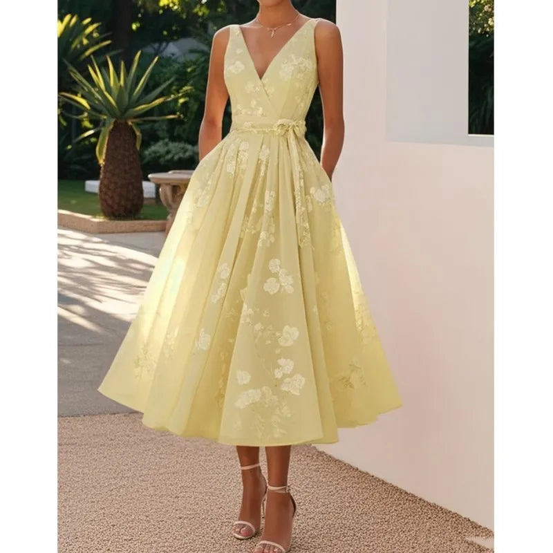 Summer Elegant Evening Party Dress 2025 Sexy V-neck Sleeveless Lace-up Chic Pleated Dresses Boho Womens A-Line Prom Dress Robe