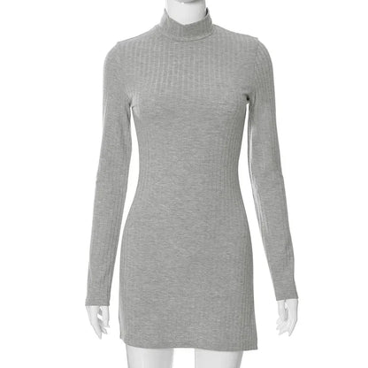 BoozRey Elegant Solid Dress for Women Winter Fall Knitted Bottom Split Skirt Casual Streetwear Turtleneck Bodycone Dress Girl