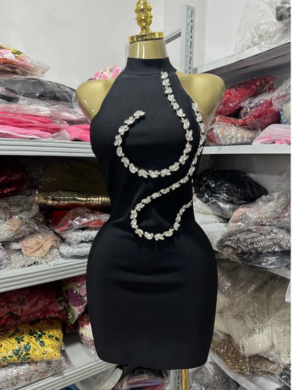 Red Black Color Women Sexy Off the Shoulder Shinning Crystal Bodycon Mini Bandage Dress Nightclub Party Bar Singer Birthday Wear