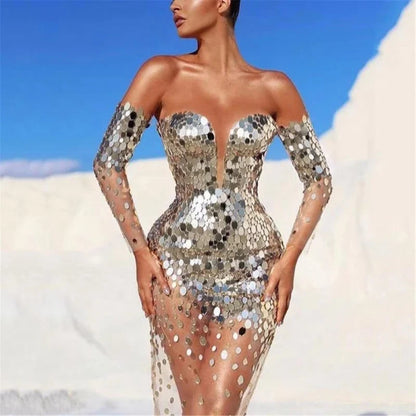 Long Sleeve Bare Shoulder Glitter Sequined Dress See Through Mesh Spliced Bodycon Party Cocktail Evening Dress for Women
