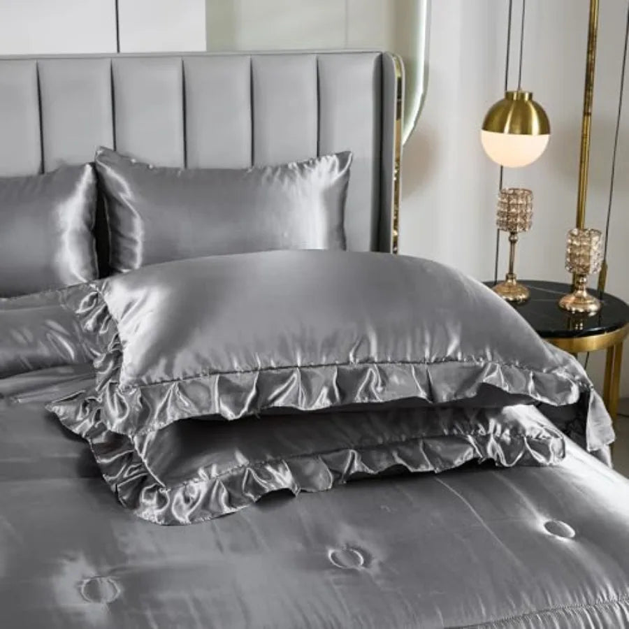 Grey Satin Queen Comforter Set – 8-Piece Ruffled Bedding