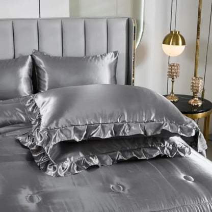 Grey Satin Queen Comforter Set – 8-Piece Ruffled Bedding