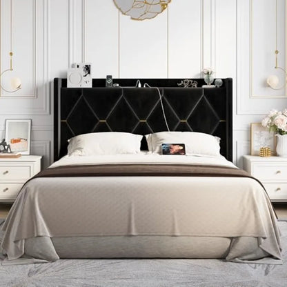 Luxury Velvet Bed Frame with Built-In USB Charging, Diamond Tufted Wingback Design