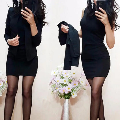 Solid Color Sleeveless Bodycon Dress O Neck 2Pcs/Set Hot Office Lady Short Coat Mini