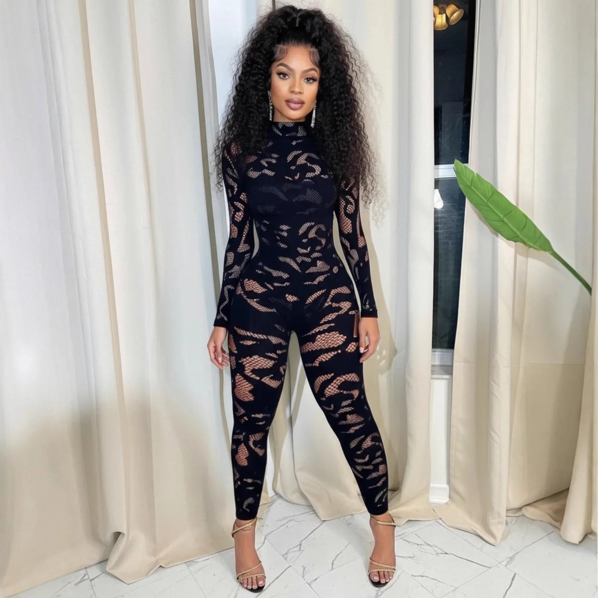 FAGADOER Sexy Lace See Through Patchwork Bodycon Jumpsuits for Woman Hollow-out Long Sleeves Rompers Female Streetwear Overalls